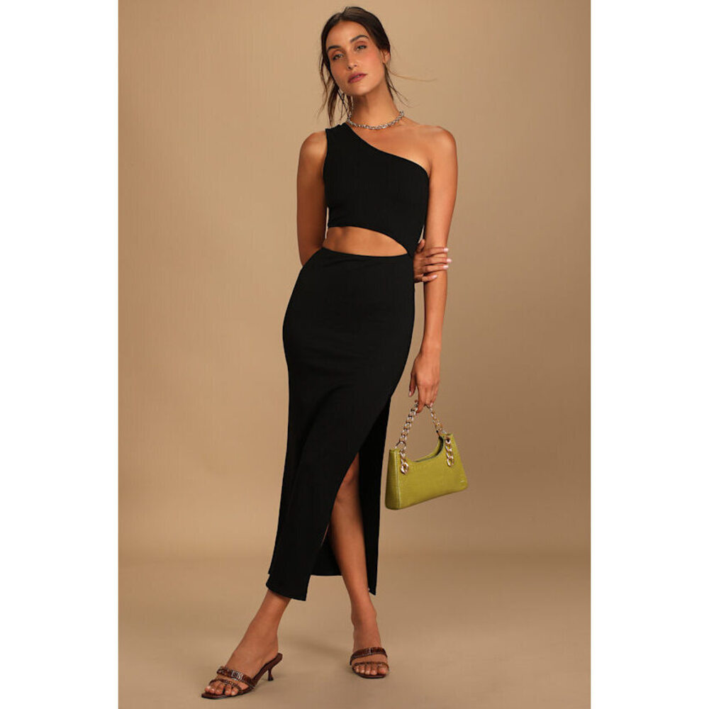 Lulus Spice Things Up Black Ribbed One-shoulder Cutout Midi Dress - Size XS NWT